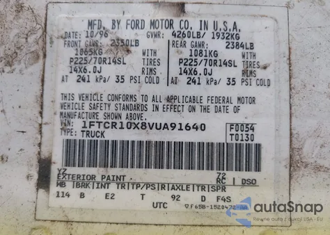 1997 Ford Ranger Splash/Xl/Xlt z USA, uszkodzony, nr VIN 1FTCR10X8VUA91640